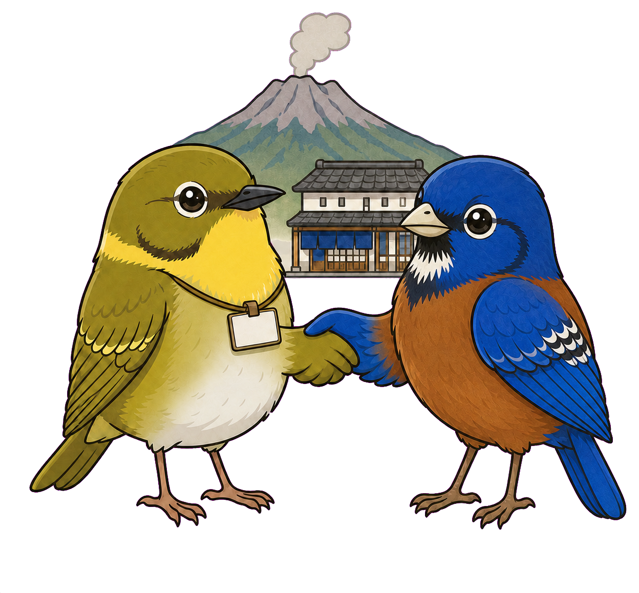 桜島を背景にルリカケスと翼を交わすうぐいす