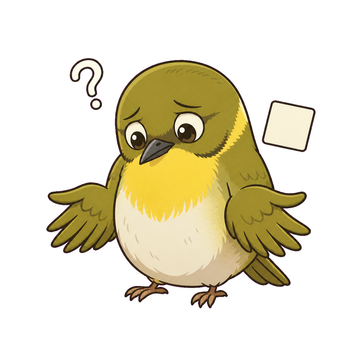 自分にできることが分からず両方の翼を見つめるうぐいすのイラスト