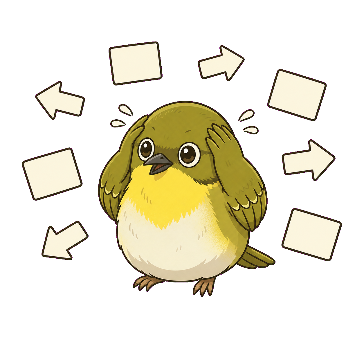 たくさんの選択肢に囲まれて迷っているうぐいすのイラスト