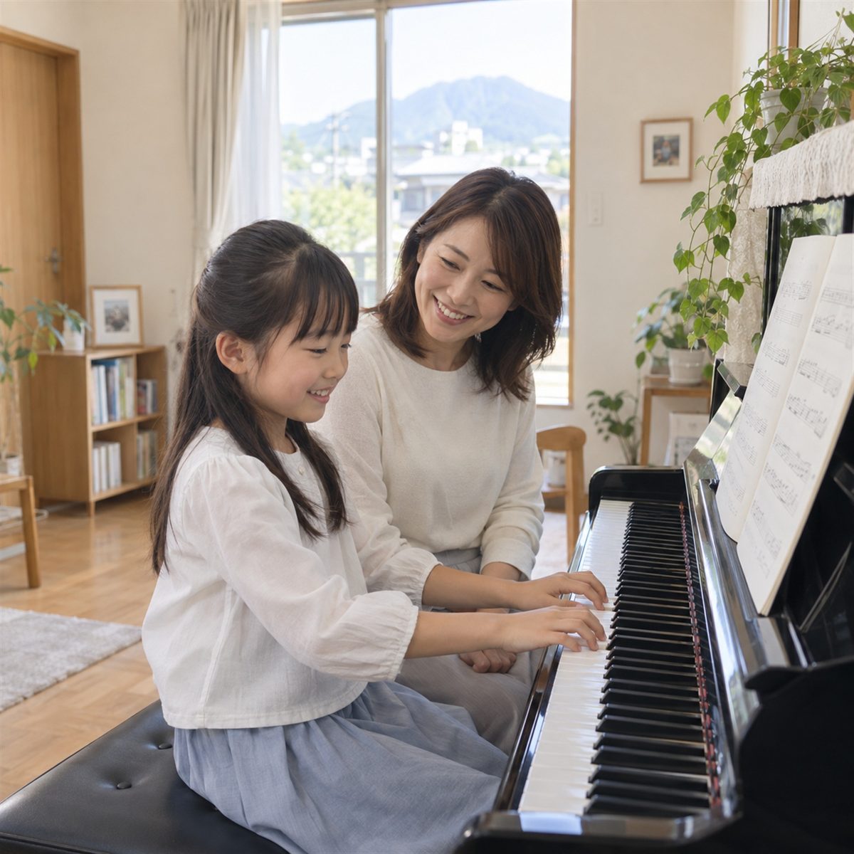ピアノに向かう女の子と先生