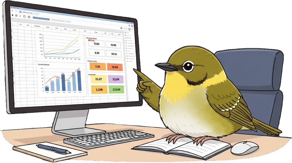 パソコンでグラフを指すうぐいすのイラスト